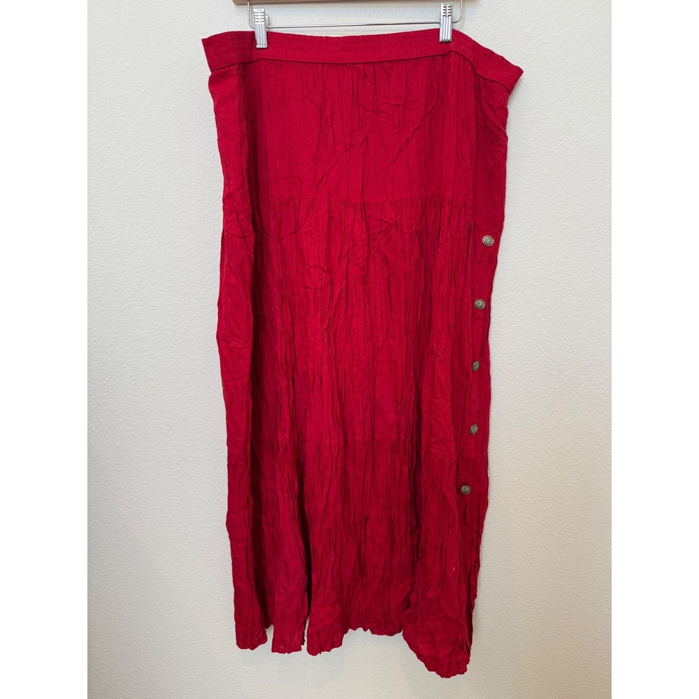Red Rayon Broomstick Maxi‎ Skirt Concho Buttons Boho Western L